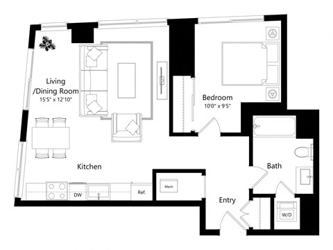 a floor plan of a unit with a bedroom, bathroom, and a living room